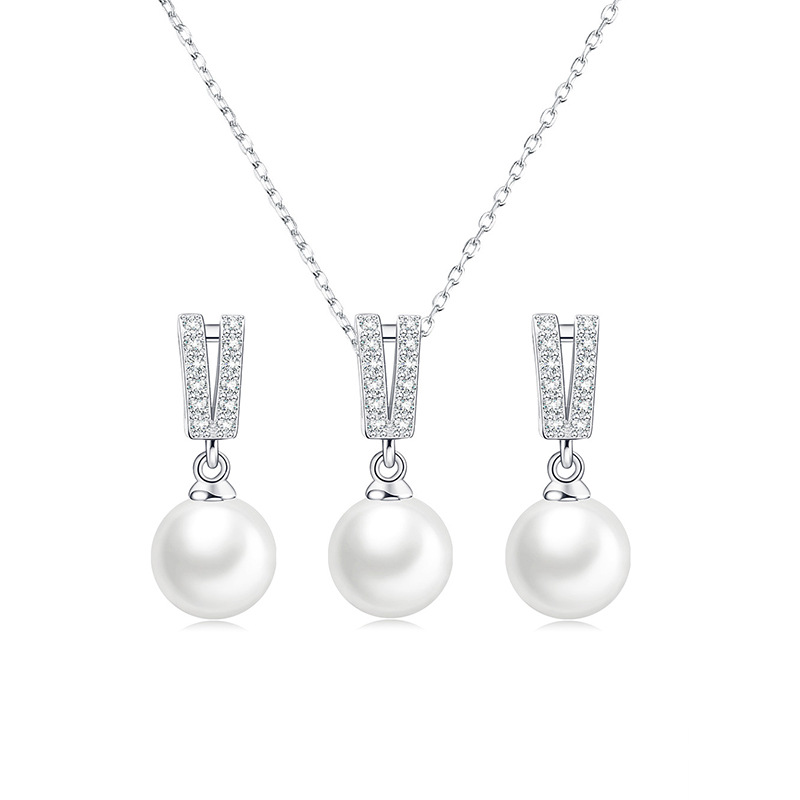 European and American S925 sterling silver pearl earrings necklace set women's fashion high-end pendant diy empty holder jewelry wholesale