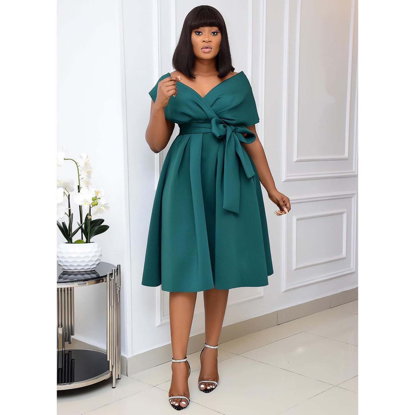 Plus Size African Womens Evening Dress Short Sleeve V Neck Off Shoulder Flared Hem Elegant Party Wear Wholesale