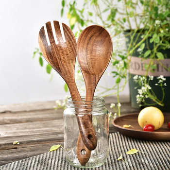 Japanese Acacia Wood Salad Spoon and Fork Set Solid Wood Combination Cooking Spoon and Fork Large Wooden Spoon Wooden Fork Stirring Fork and Spoon