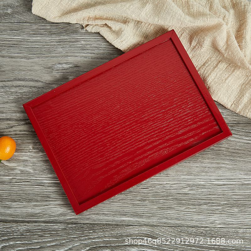 Wholesale Creative Wooden Patch Tray Red and Black Long Square Tray Tea Tray Fruit Tray Hotel Restaurant Wooden Tableware Dinner Tray
