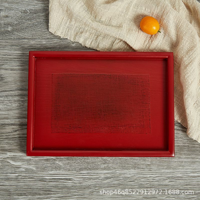 Wholesale Creative Wooden Patch Tray Red and Black Long Square Tray Tea Tray Fruit Tray Hotel Restaurant Wooden Tableware Dinner Tray