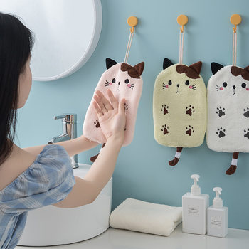 Coral fleece flat cat embroidered hand towel bathroom hanging absorbent towel kitchen bathroom dual-use square towel wholesale