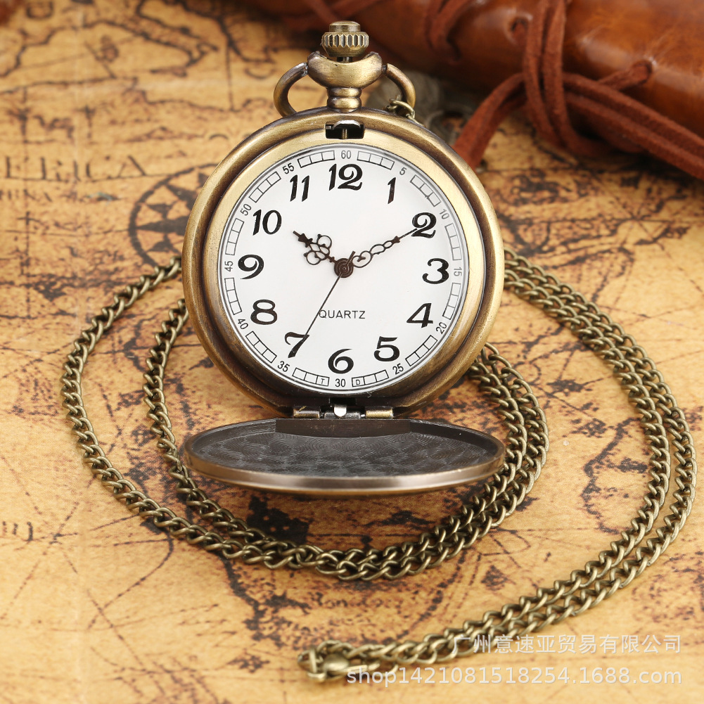 Classic Retro Necklace Pocket Watch, Bronze Flip Cover, Doctor Who Style, Large Dial, Quartz Watch, Vintage
