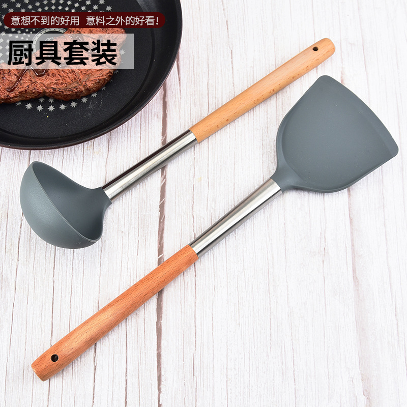 in stock Household Food Grade Anti-scalding Handle Silicone Kitchenware Scutler High Temperature Resistant Soup Spoon Silicone Cooking Shovel Tool
