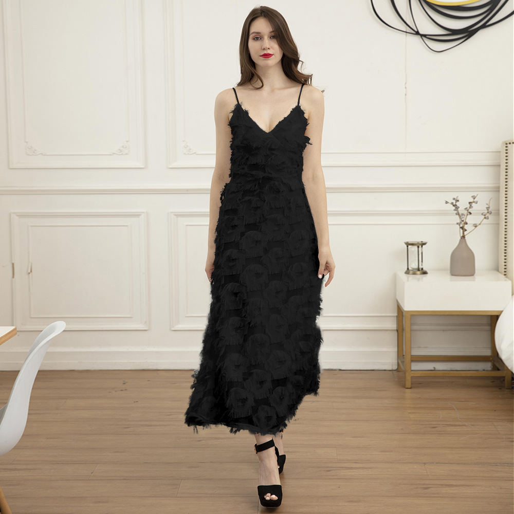 Elegant Backless Maxi Dress Sexy Lace Feather Details Lightweight Fabric Perfect for Parties and Evening Events