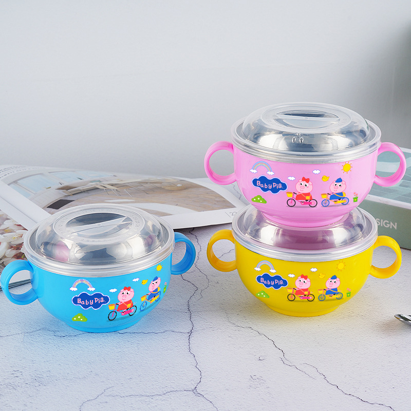 304 Stainless Steel Kidsren's Bowl Household Rice Bowl Anti-Scalding and Anti-Fall Baby Eating Bowl Cartoon Bowl Baby Food Bowl