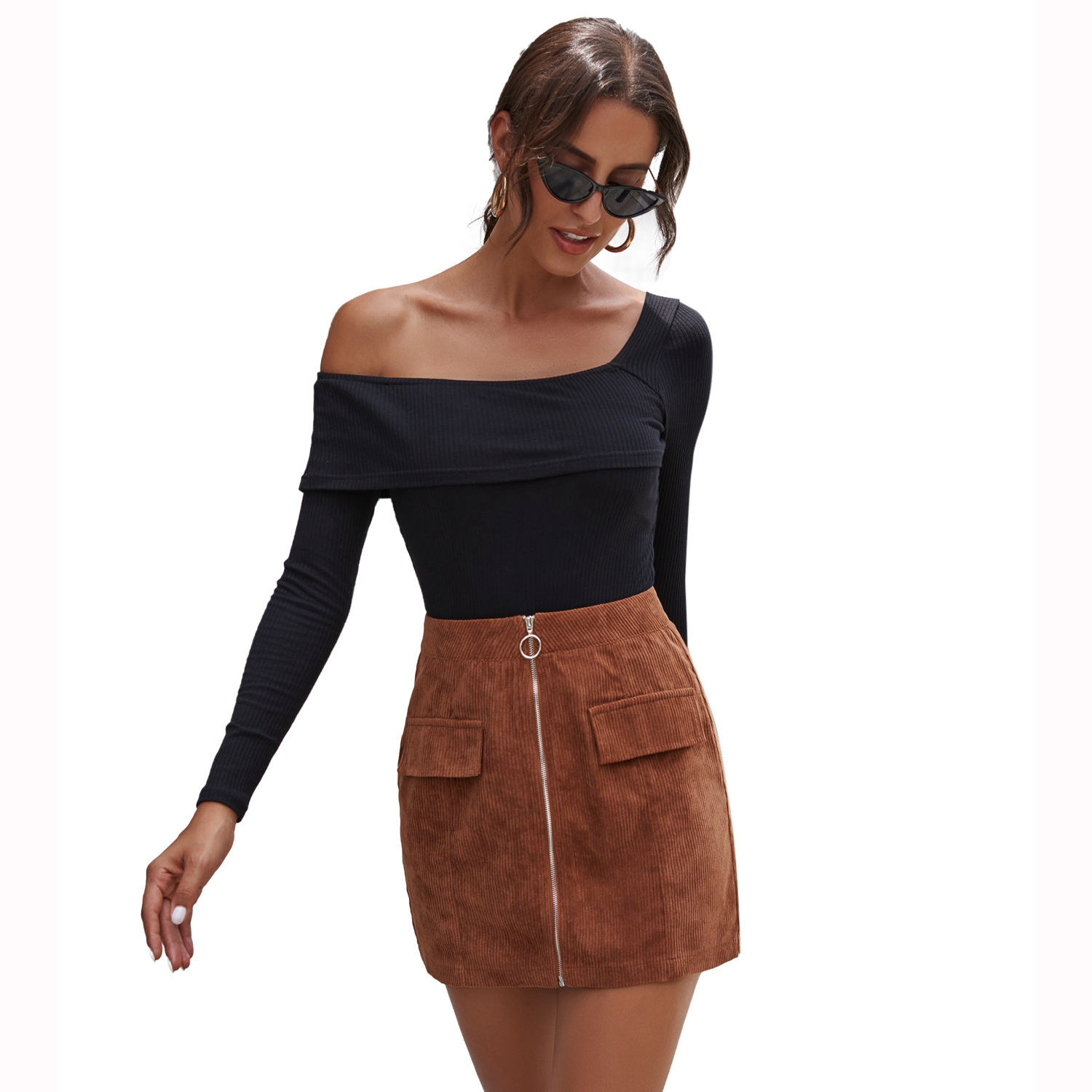 Corduroy Midi Skirt Fashionable Elegant Zipper Closure Autumn Winter Wear Wholesale Available
