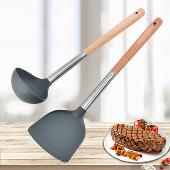 in stock Household Food Grade Anti-scalding Handle Silicone Kitchenware Scutler High Temperature Resistant Soup Spoon Silicone Cooking Shovel Tool