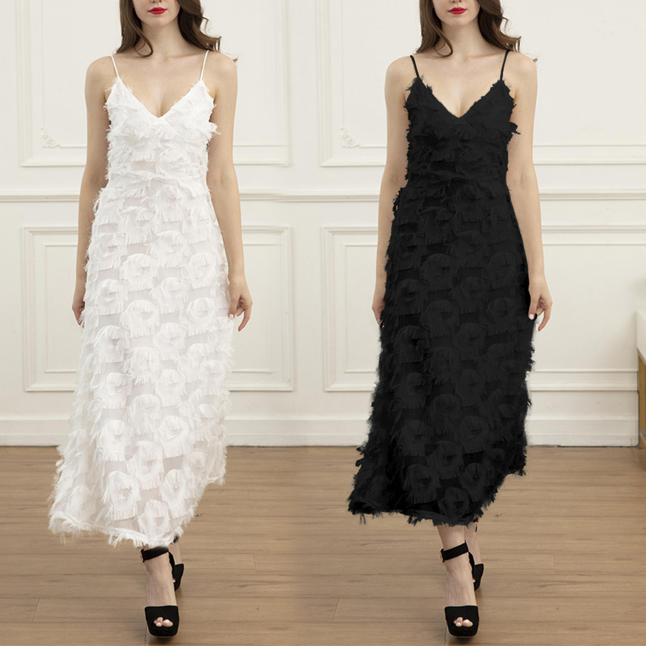 Elegant Backless Maxi Dress Sexy Lace Feather Details Lightweight Fabric Perfect for Parties and Evening Events