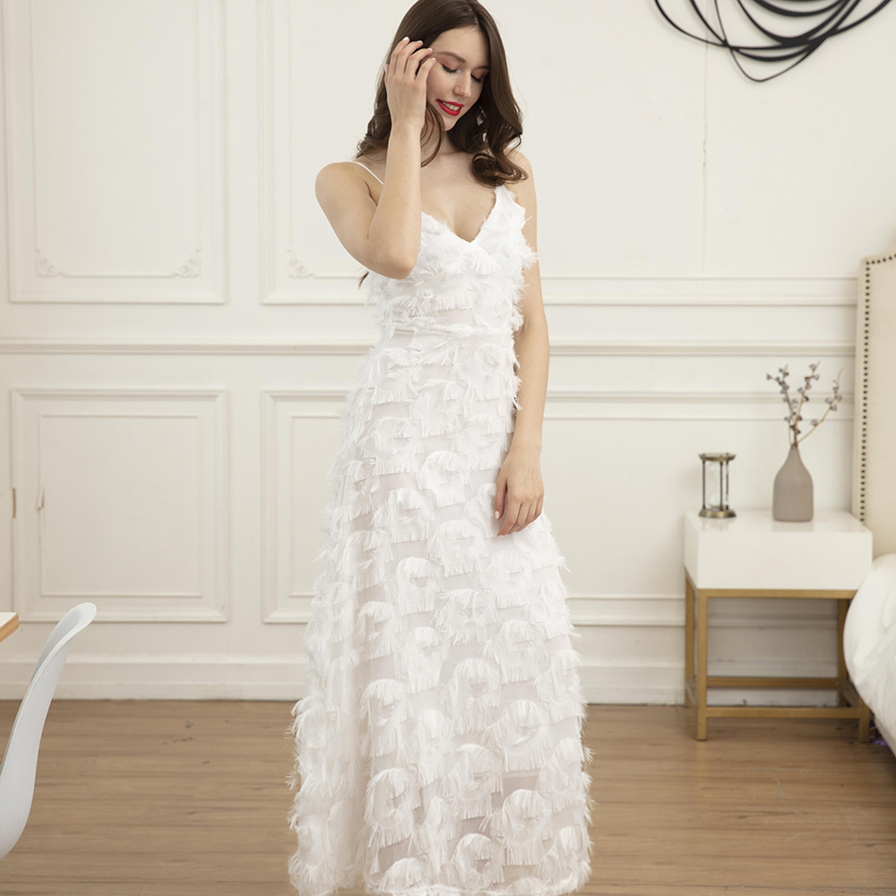 Elegant Backless Maxi Dress Sexy Lace Feather Details Lightweight Fabric Perfect for Parties and Evening Events