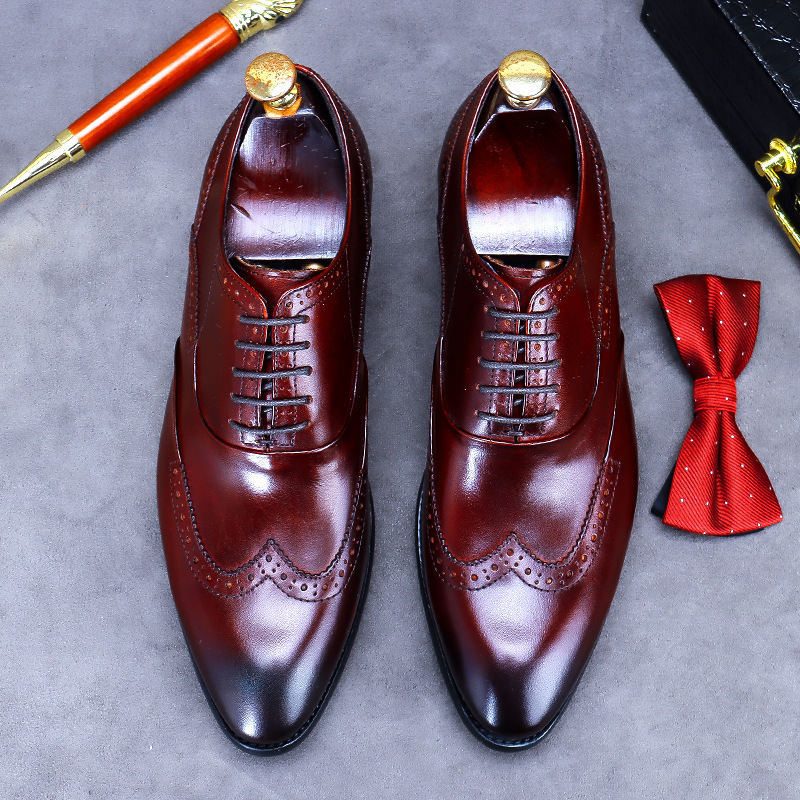 Giày da nam derby mũi tròn chạm khắc brogue cổ thấp buộc dây — Màu nâu, Màu đen, Màu đỏ rượu, Màu cà phê