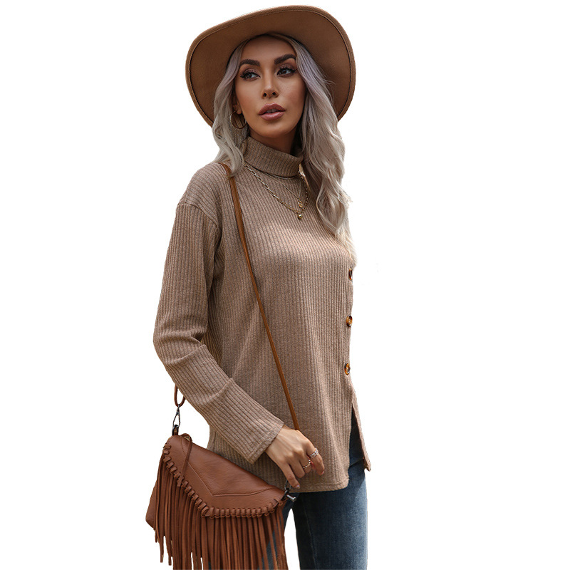 Womens Asymmetrical High Neck Long Sleeve T Shirt Solid Color Fall Winter Style Wholesale Available
