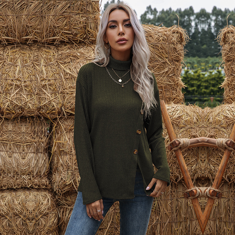 Womens Asymmetrical High Neck Long Sleeve T Shirt Solid Color Fall Winter Style Wholesale Available