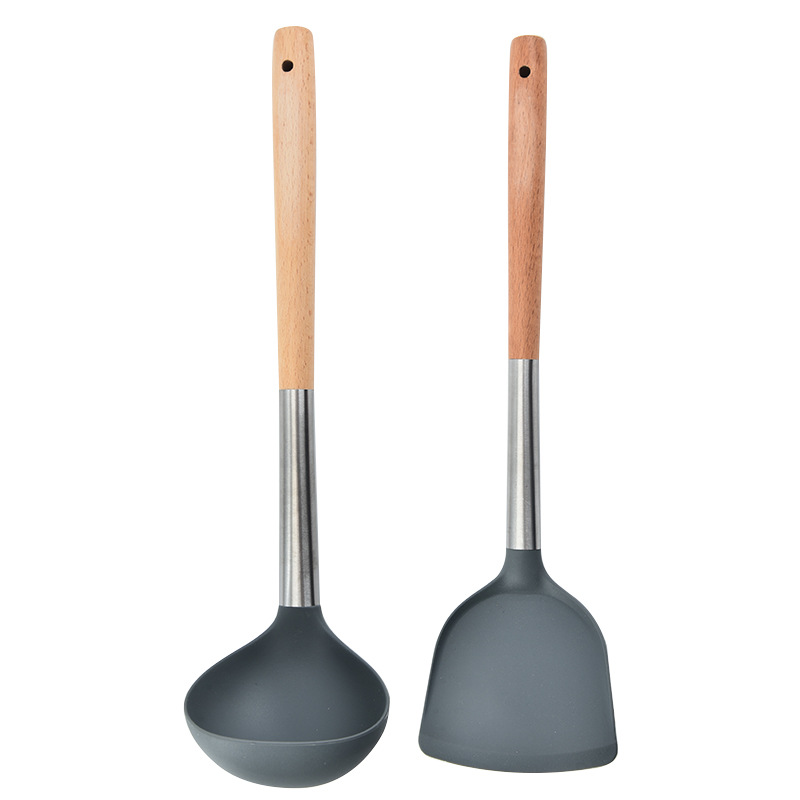 in stock Household Food Grade Anti-scalding Handle Silicone Kitchenware Scutler High Temperature Resistant Soup Spoon Silicone Cooking Shovel Tool