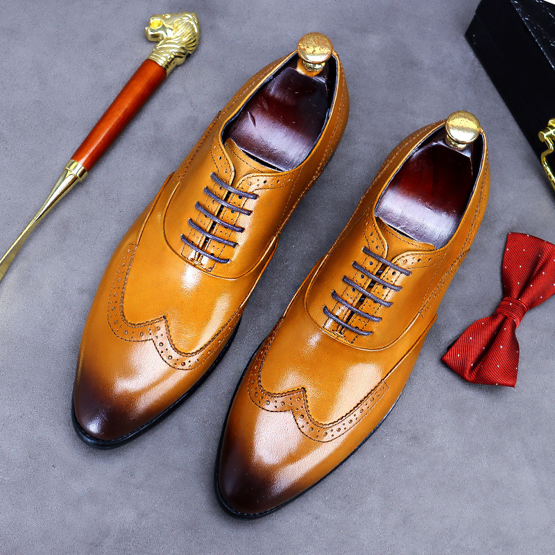 Giày da nam derby mũi tròn chạm khắc brogue cổ thấp buộc dây — Màu nâu, Màu đen, Màu đỏ rượu, Màu cà phê