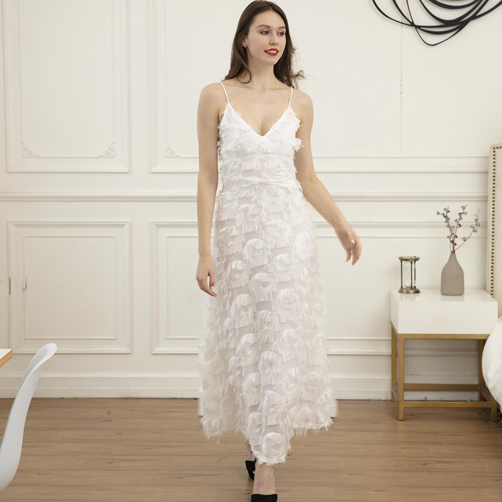 Elegant Backless Maxi Dress Sexy Lace Feather Details Lightweight Fabric Perfect for Parties and Evening Events