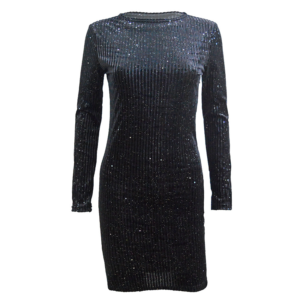 Pink Velvet Long Sleeve Bodycon Dress Sparkling Sequins Elegant Evening Wear Wholesale Available