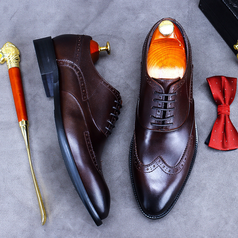Giày da nam derby mũi tròn chạm khắc brogue cổ thấp buộc dây — Màu nâu, Màu đen, Màu đỏ rượu, Màu cà phê