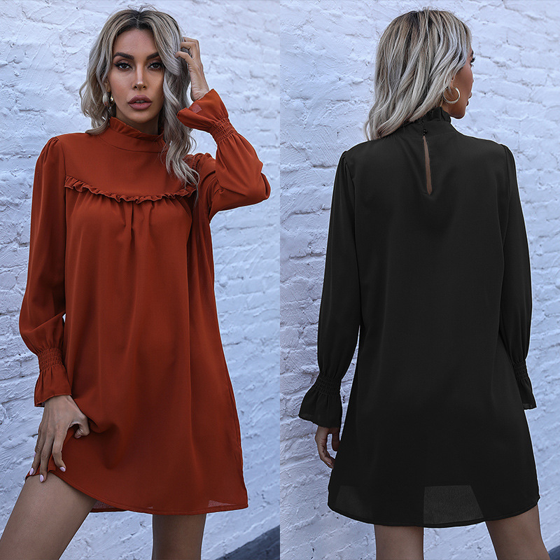 Loose Fit Long Sleeve Turtleneck Dress Solid Color Fashionable Design Casual Wear for Women Wholesale Available