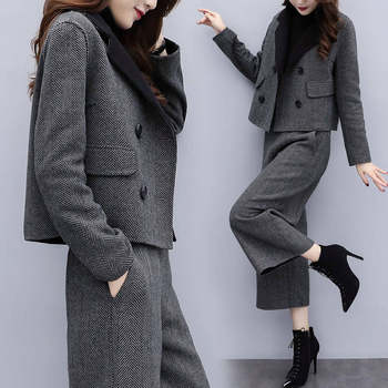 2025 New Women's Autumn and Winter Two-Piece Pants Herringbone Wool Jacket Wide Leg Pants Casual Fashion Suit Women's Trendy