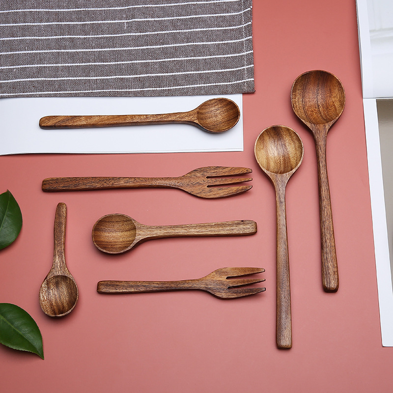 Wooden spoon acacia wood tableware Japanese fork wooden spoon suit household unpainted wooden spoon spoon spoon can be printed LOGO