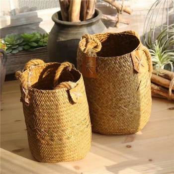 Nordic Cross-border Pastoral Straw Woven Portable Hemp Rope Woven Basket Seagrass Dried Flower Barley Bustail Weave Portable Storage