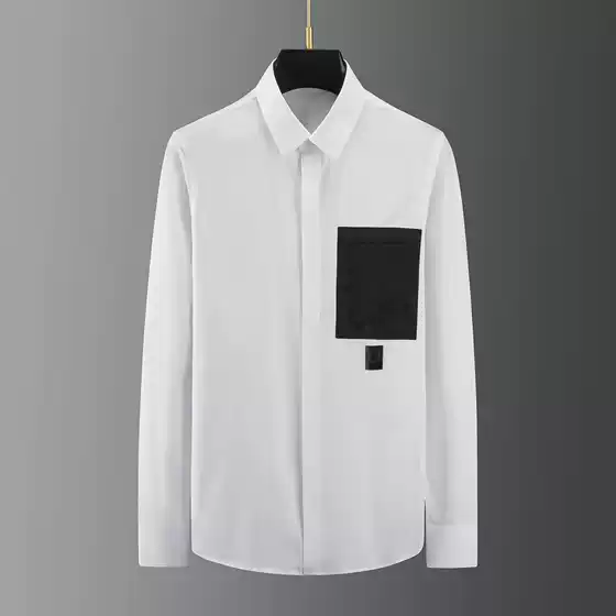 Tide brand new black and white pocket stitching decorative leather standard shirt men's fashion long sleeve shirt a generation of hair