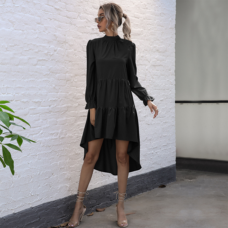 Plus Size Solid Color Asymmetrical Midi Dress Long Sleeve High Neck Fashionable Design Ideal for Casual or Formal