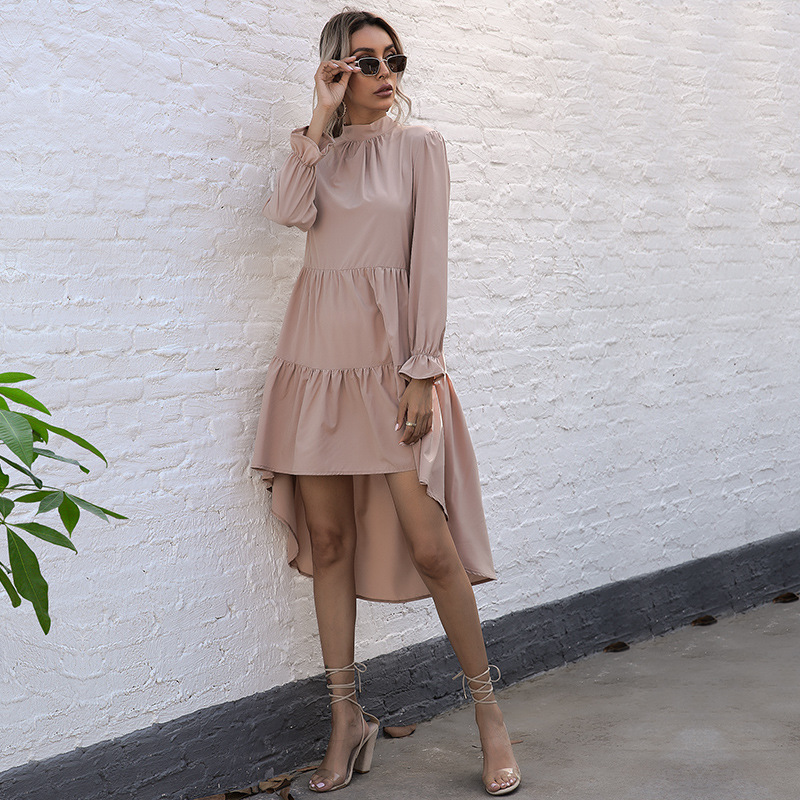 Plus Size Solid Color Asymmetrical Midi Dress Long Sleeve High Neck Fashionable Design Ideal for Casual or Formal