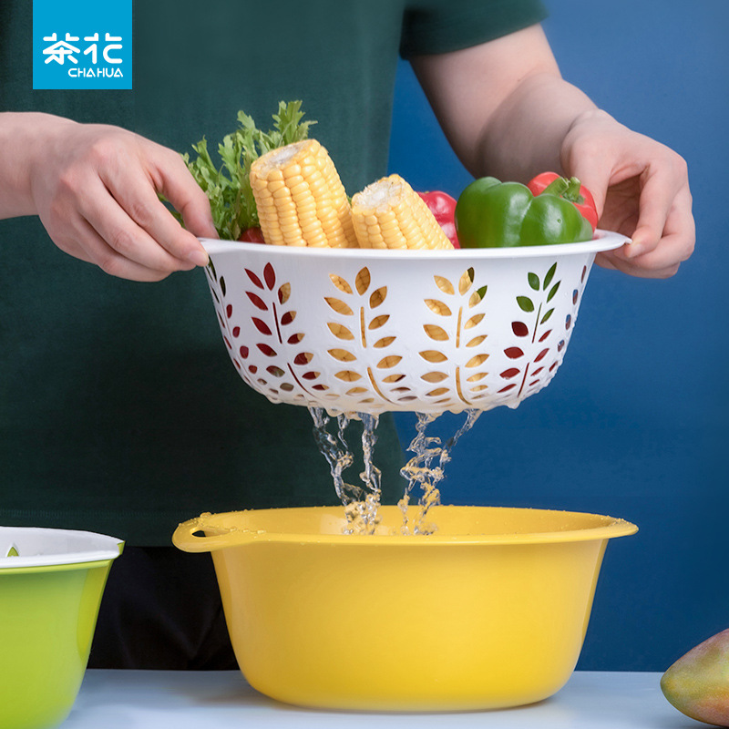Camellia Drain Basket Plastic Kitchen Vegetable Washing Blue Double Layer Leakage Fruit Vegetable Basket Multi-use Wheat Ear Drip Sieve Vegetable Washing Basin