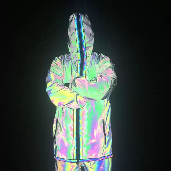 European and American Cross-Border Colorful Reflective Windbreaker European Size Loose Cloak Amazon Laser Luminous Mid-Length Jacket
