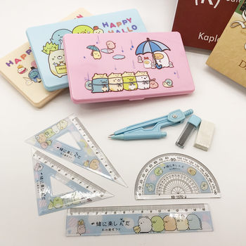 Corner Compass Ruler Set Cartoon Student Learning Stationery Bio Compass Set Ruler Eight-piece Combination