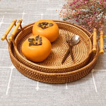 Vietnamese Rattan Bread Storage Basket Woven Storage Basket Snack Fruit Basket Round Tray Picnic Basket Storage Multi-Function