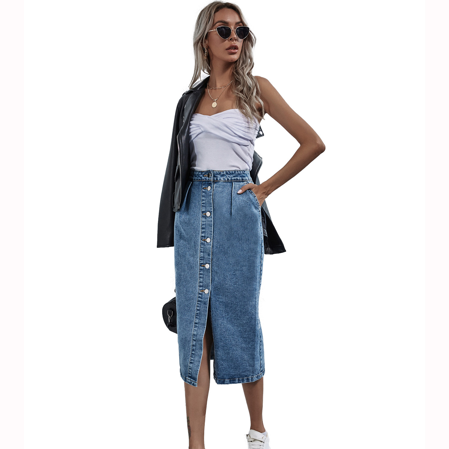 High Waisted Denim Skirt Single Breasted Fashionable Casual Style Perfect for Spring and Summer Ready to Ship