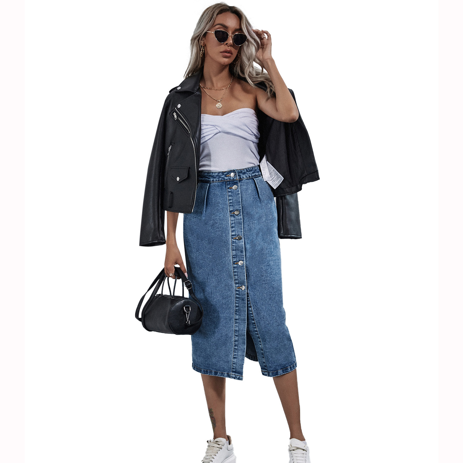 High Waisted Denim Skirt Single Breasted Fashionable Casual Style Perfect for Spring and Summer Ready to Ship