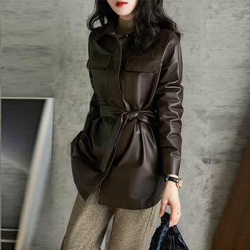 Good Quality for Early Spring! Cool and Beautiful Shirt-Style Goatskin Windbreaker Jacket for Women Mid-Length Straight Leather Jacket