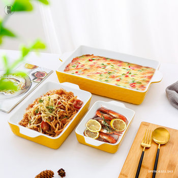 Cross Border Baking Plate Oven Cheese Baked Rice Plate Set Rectangular Nordic Binaural Ceramic Baking Plate Set of 3 Custom