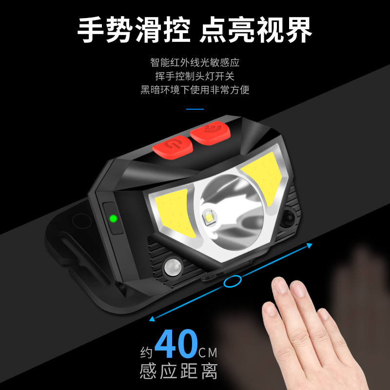 Cross-Border New Led Sensor Headlight Strong Light Charging Head-Mounted Night Running Fishing Mini Cob Small Headlight Wholesale