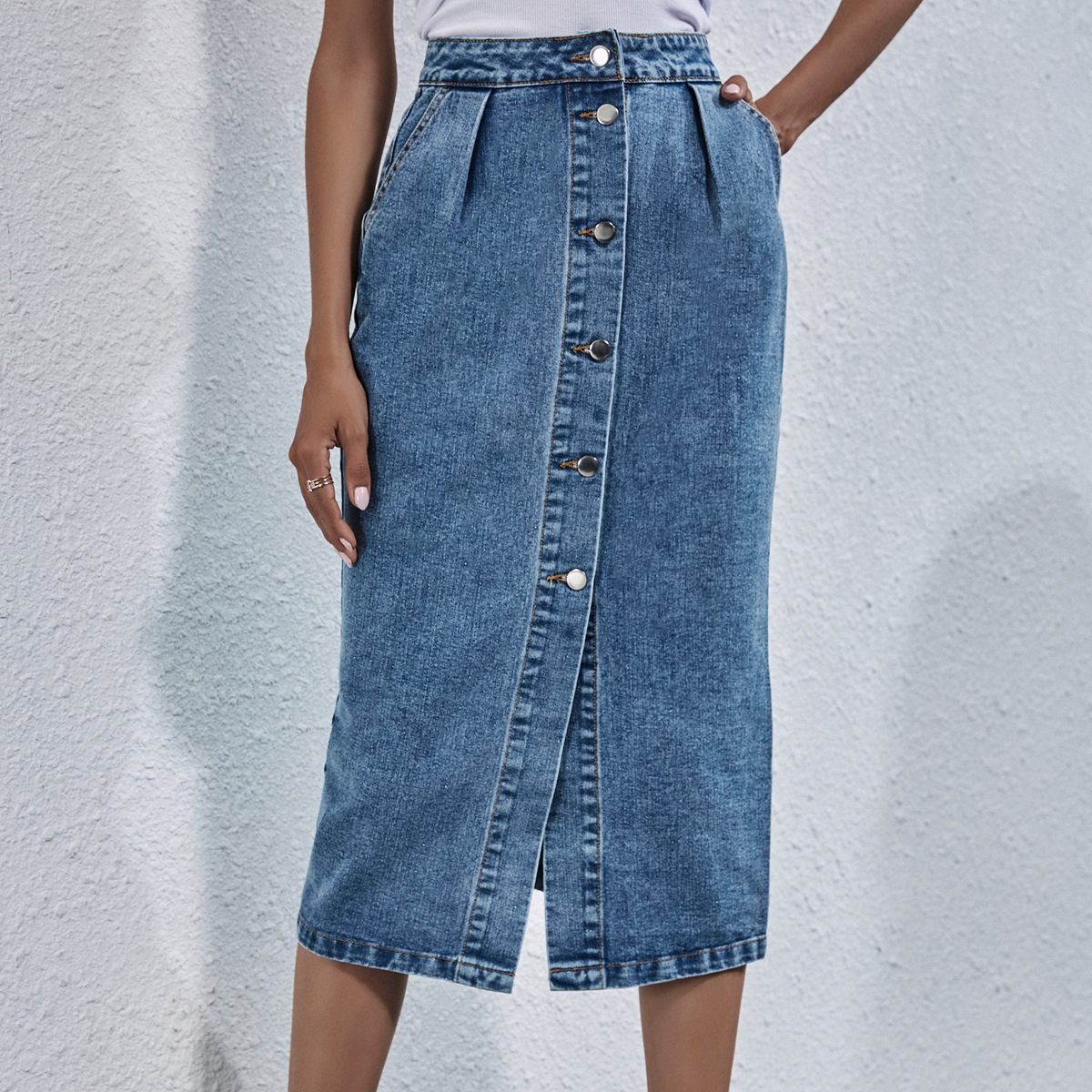High Waisted Denim Skirt Single Breasted Fashionable Casual Style Perfect for Spring and Summer Ready to Ship