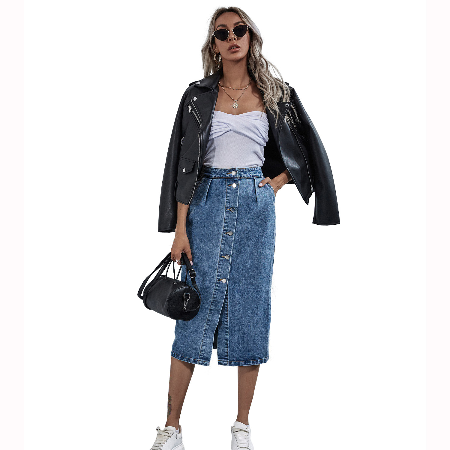 High Waisted Denim Skirt Single Breasted Fashionable Casual Style Perfect for Spring and Summer Ready to Ship
