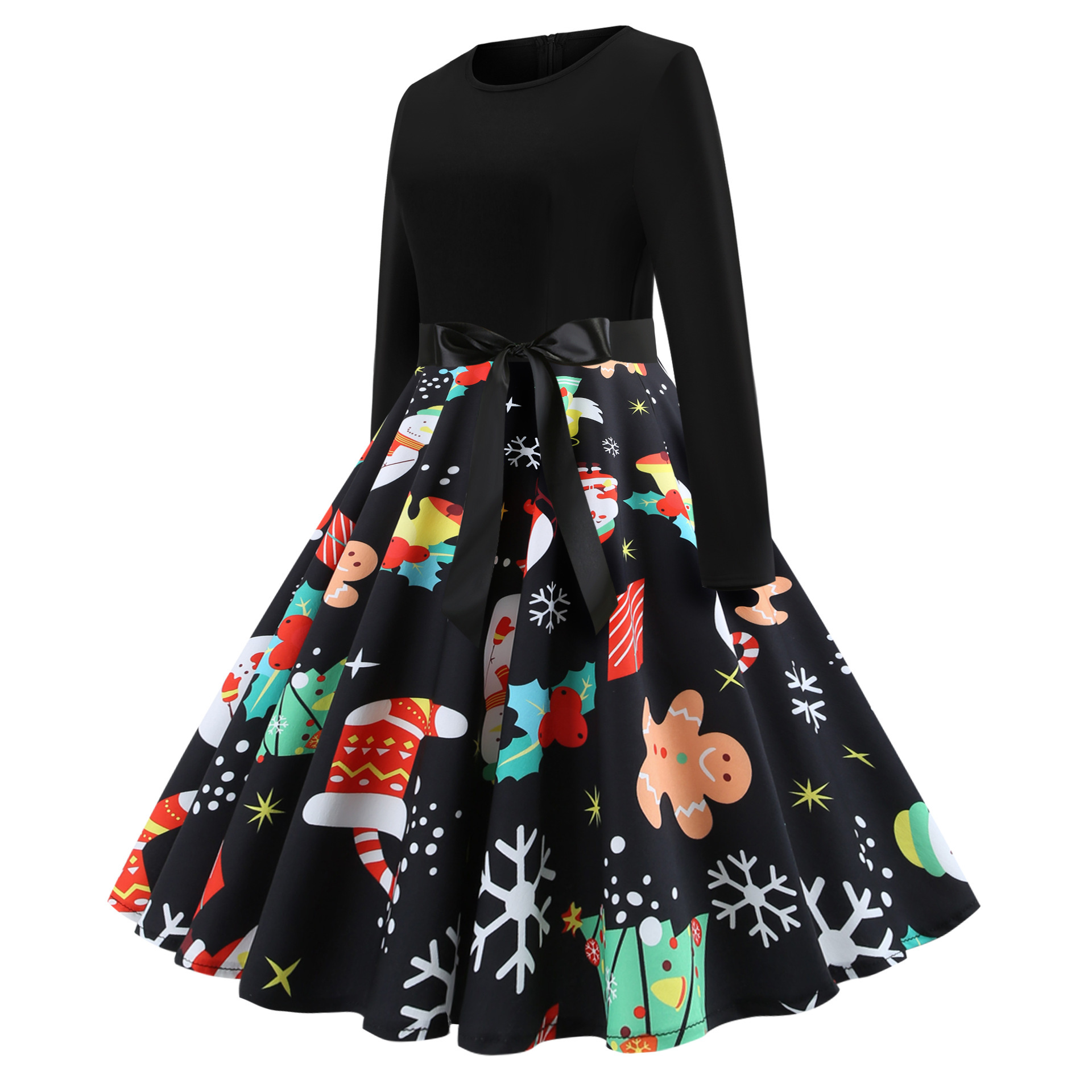 Vintage Floral Print Long Sleeve A Line Dress Round Neck Festive Style Perfect for Christmas Celebrations Ready to