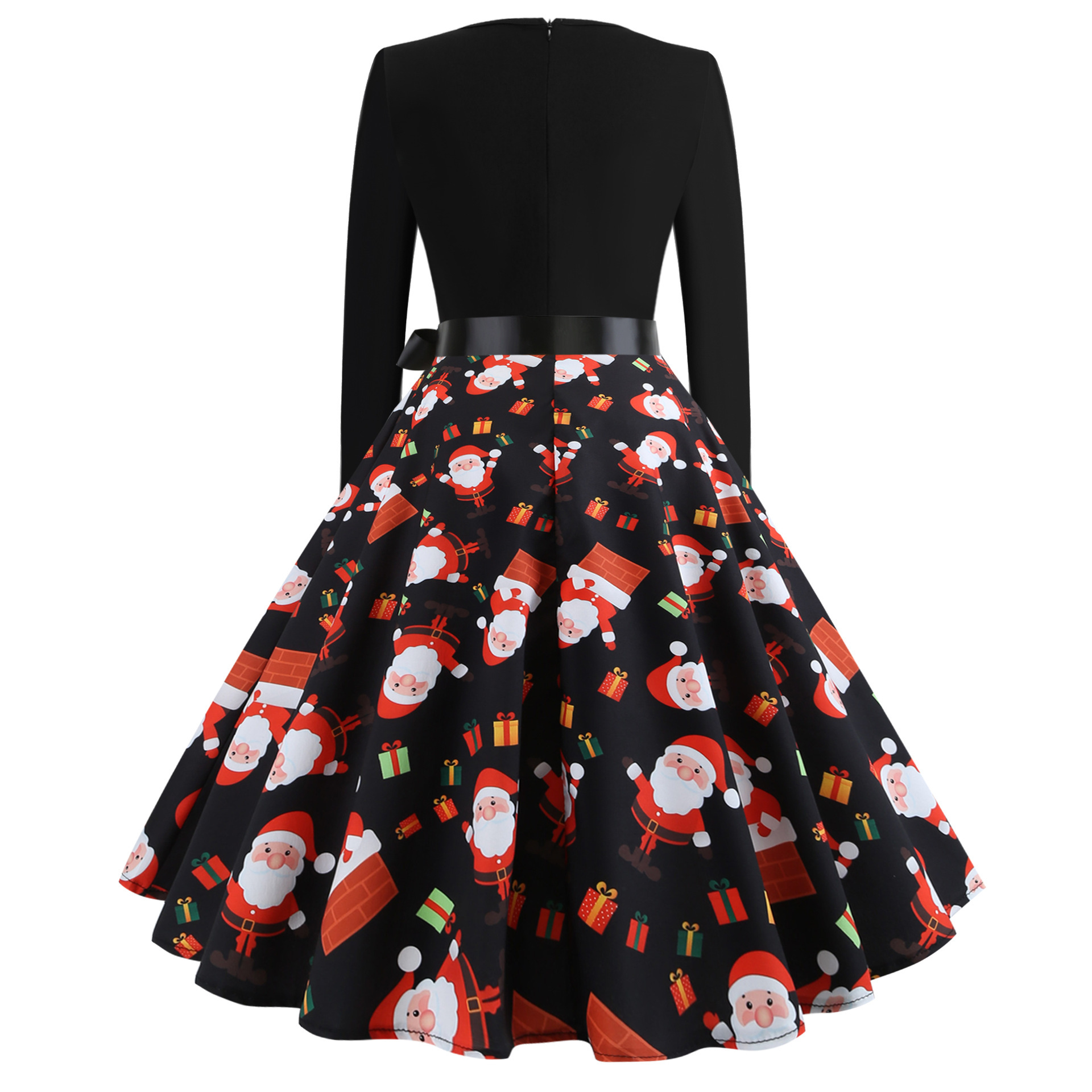 Vintage Floral Print Long Sleeve A Line Dress Round Neck Festive Style Perfect for Christmas Celebrations Ready to
