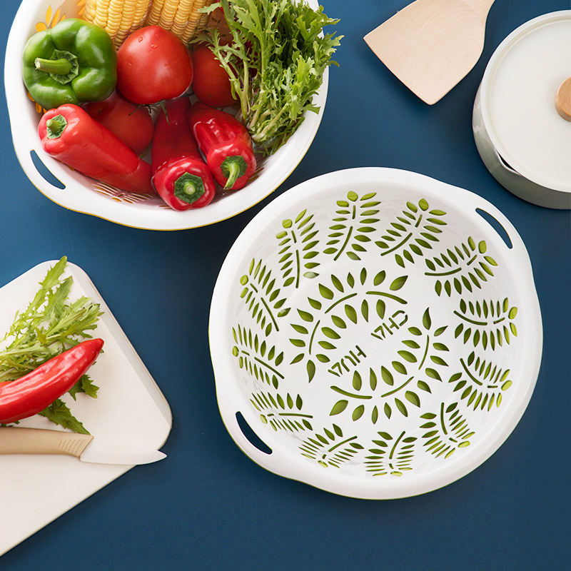 Camellia Drain Basket Plastic Kitchen Vegetable Washing Blue Double Layer Leakage Fruit Vegetable Basket Multi-use Wheat Ear Drip Sieve Vegetable Washing Basin