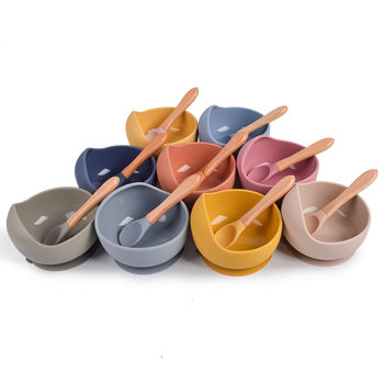 Direct selling baby Bowl Spoon silicone tableware children's wooden handle silicone spoon children's suction dish bowl baby silicone bowl