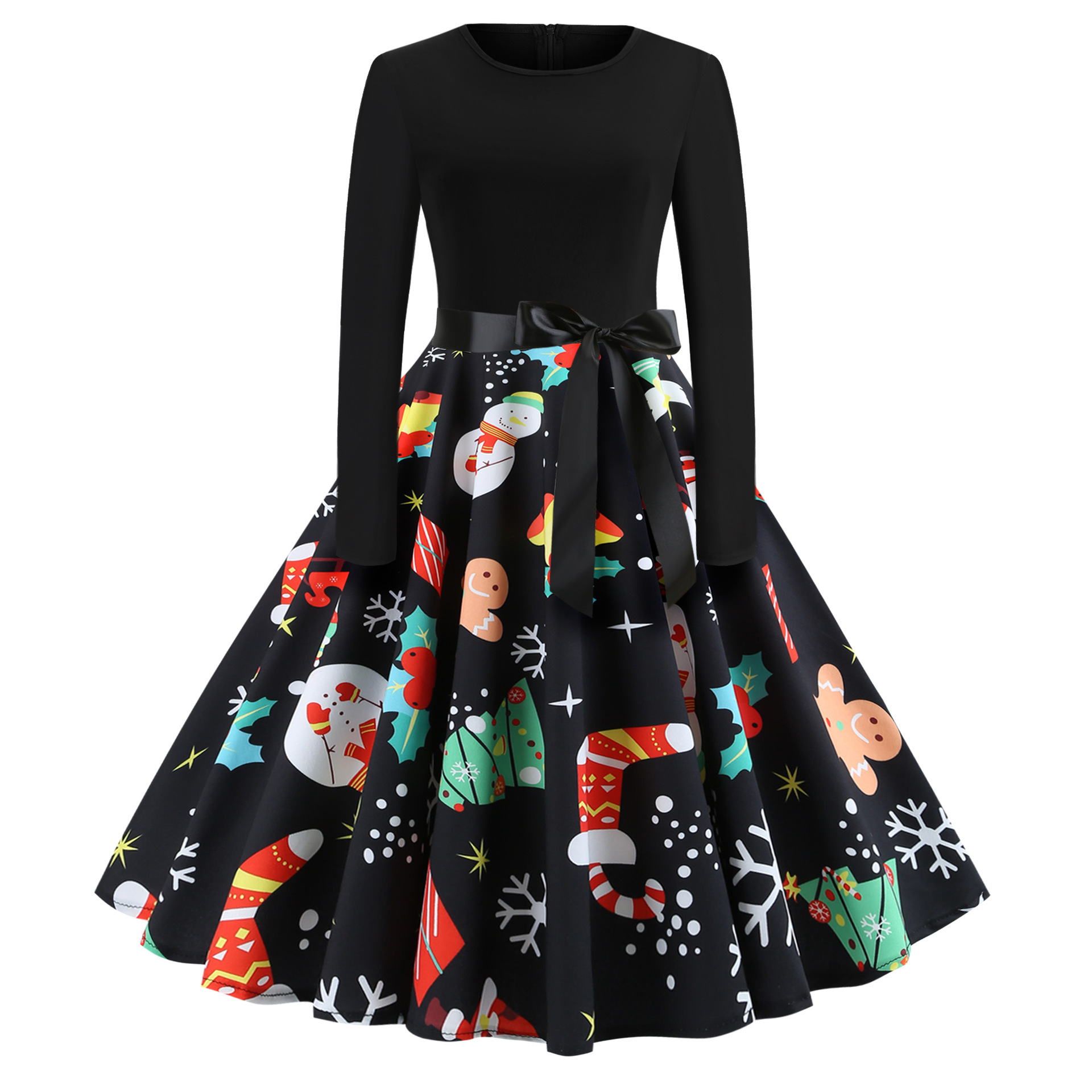 Vintage Floral Print Long Sleeve A Line Dress Round Neck Festive Style Perfect for Christmas Celebrations Ready to