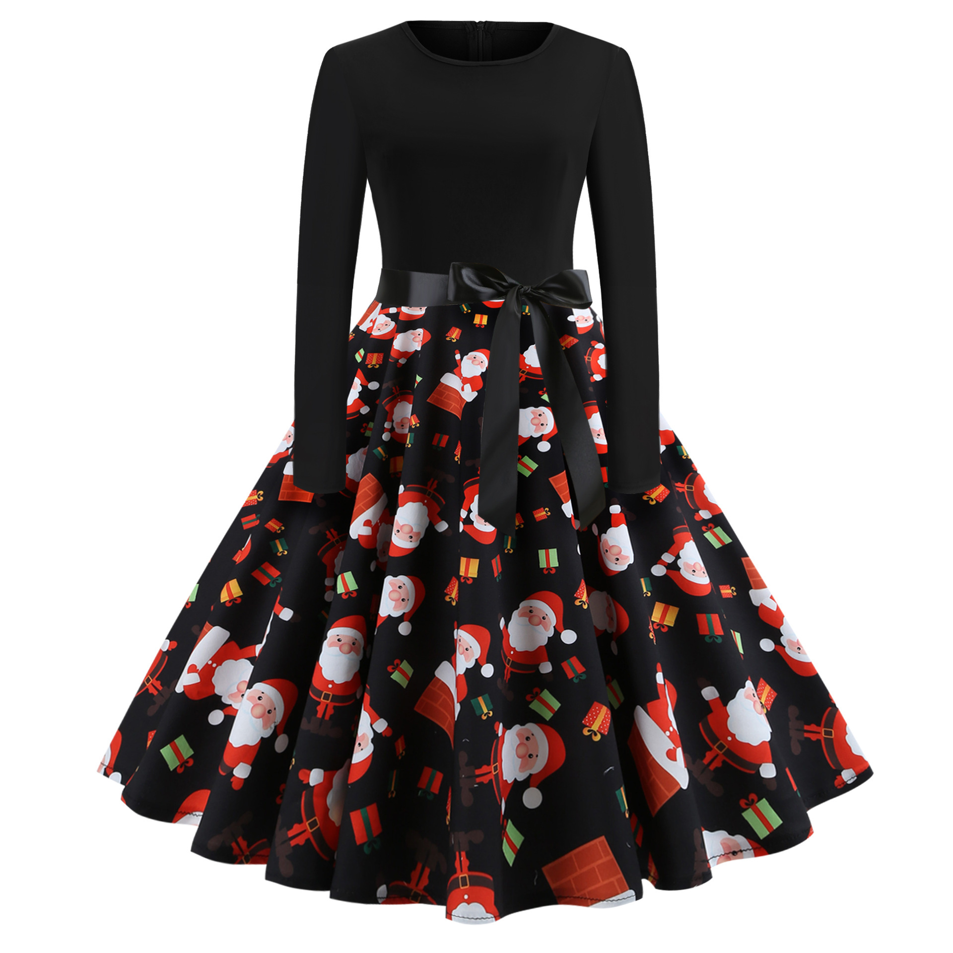 Vintage Floral Print Long Sleeve A Line Dress Round Neck Festive Style Perfect for Christmas Celebrations Ready to