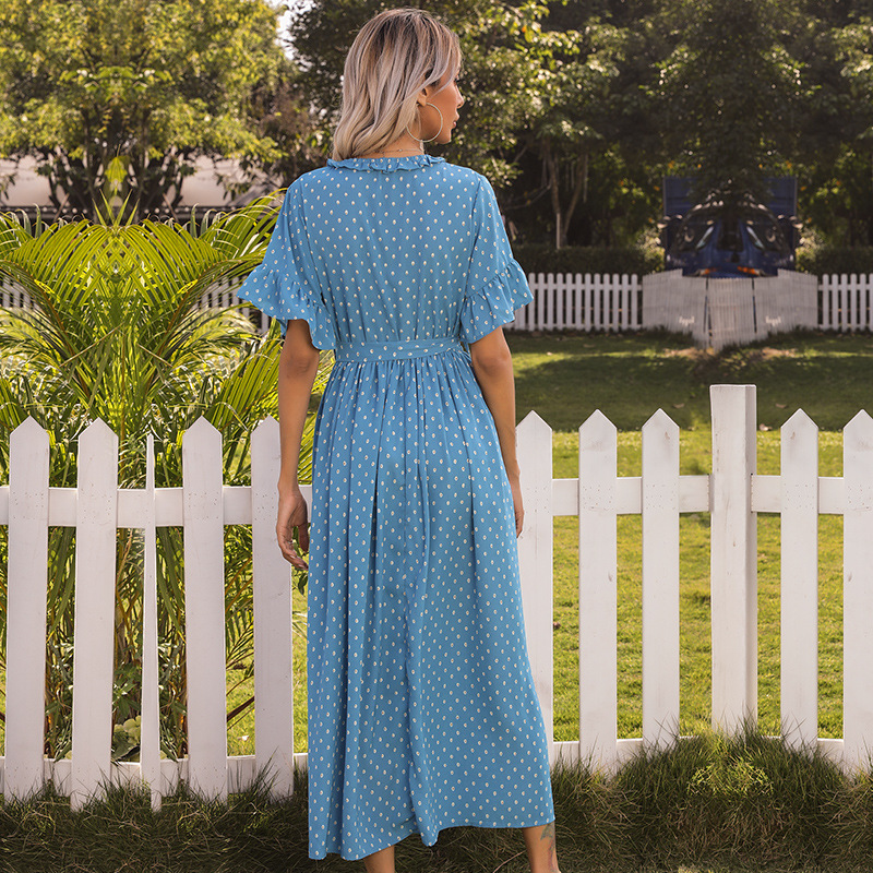 Floral Print Ruffle Sleeve Dress Round Neck Black Polka Dot Summer Style Wholesale Available
