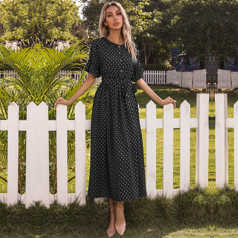 Floral Print Ruffle Sleeve Dress Round Neck Black Polka Dot Summer Style Wholesale Available