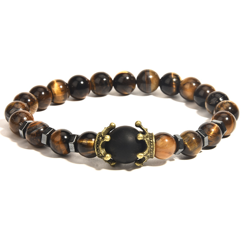Cross-border new charm men's bracelet fashion luxury alloy crown tiger eye stone beads bracelet jewelry men