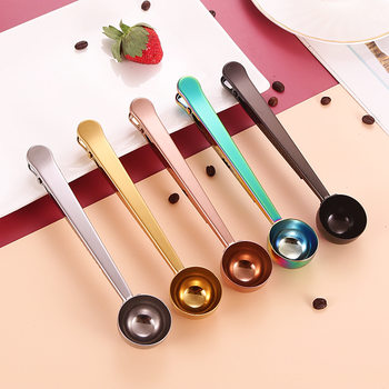 Stainless steel coffee spoon measuring spoon with clip multi-functional food sealing clip milk spoon food bag sealing clip